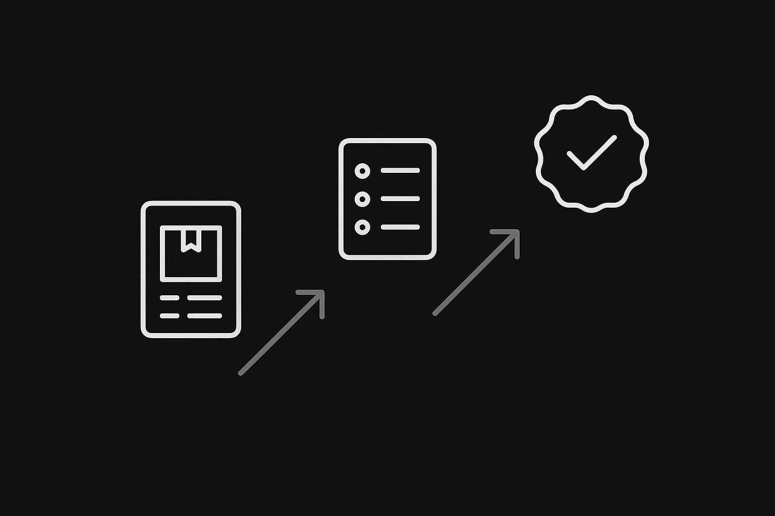 Black and white illustration of migration steps ending in a verify seal.