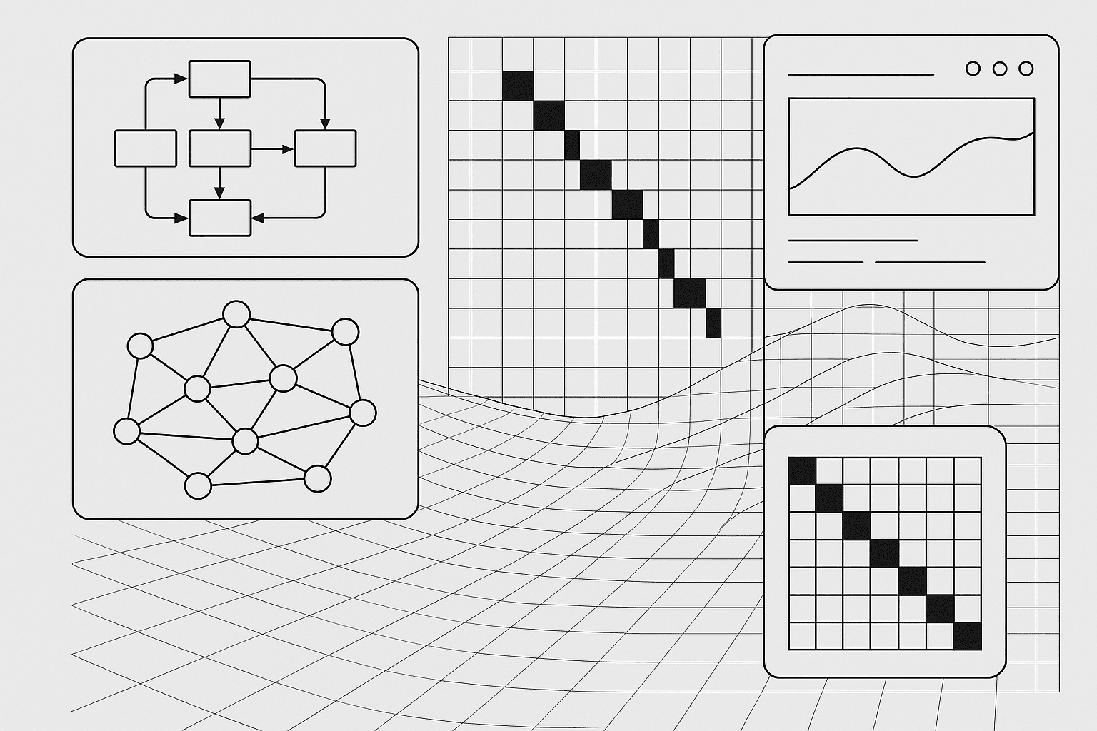 Black and white abstract technology illustration showing solver workflow panels and network geometry.